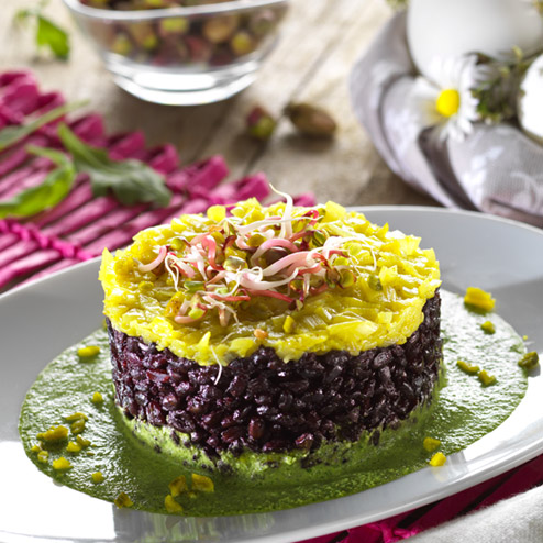 Riso venere ai porri in salsa di rucola